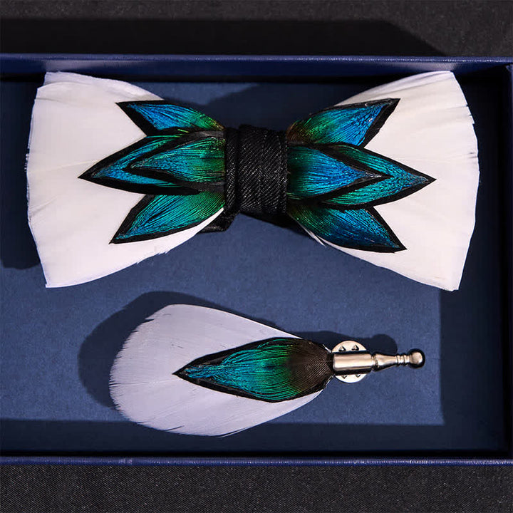 Papillon con piume blu ciano e bianco crema - image 3