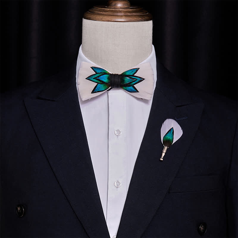 Papillon con piume blu ciano e bianco crema - image 1