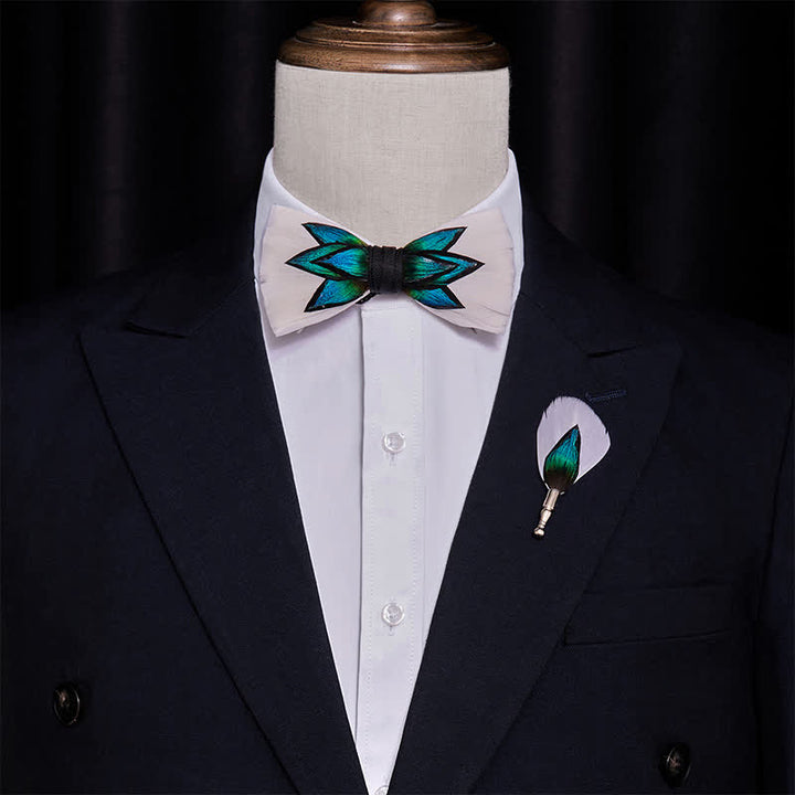 Papillon con piume blu ciano e bianco crema - image 1