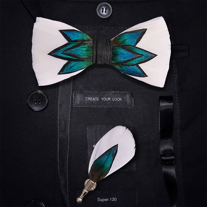 Papillon con piume blu ciano e bianco crema - Papillon + spilla - image 0