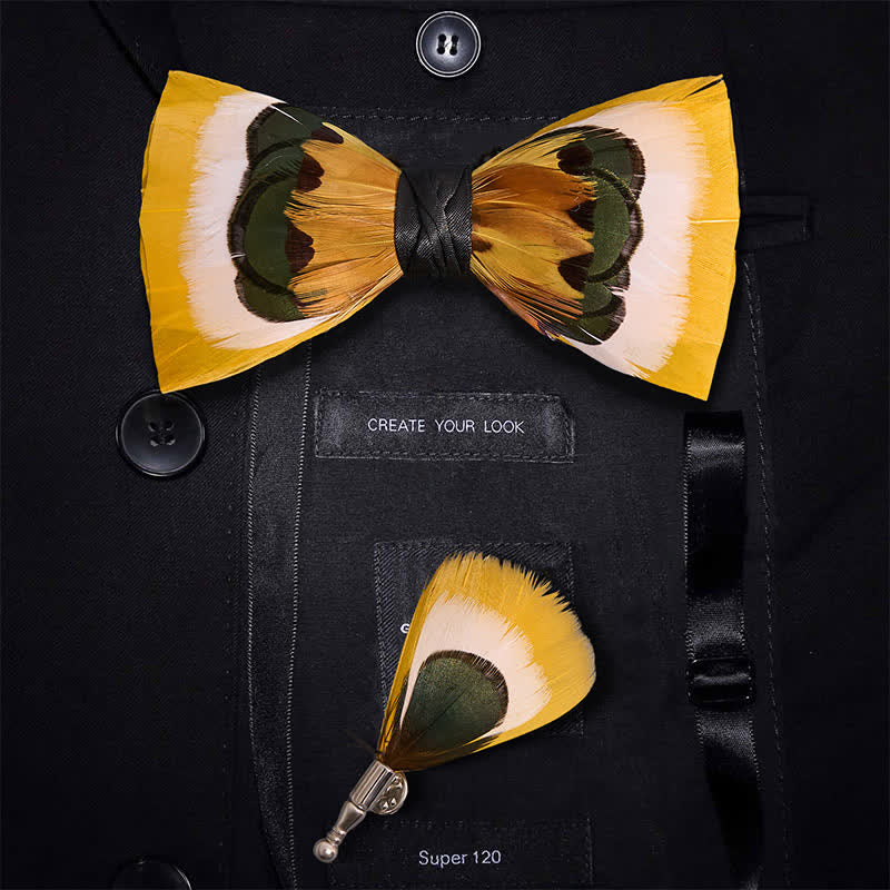 Papillon con piume gialle e bianche vivaci - Papillon + spilla - image 0