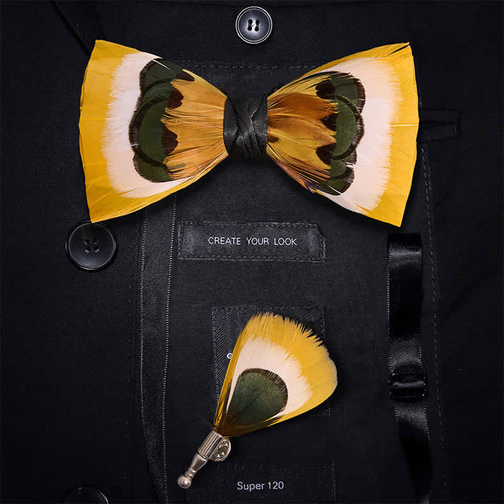 Papillon con piume gialle e bianche vivaci - Papillon + spilla - image 0
