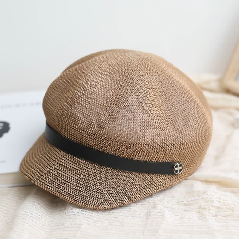 Cappello basco ottagonale in paglia con fascia in pelle nera elegante da donna - Cachi - Regolabile (21 5/8"-23 1/4") - image 7