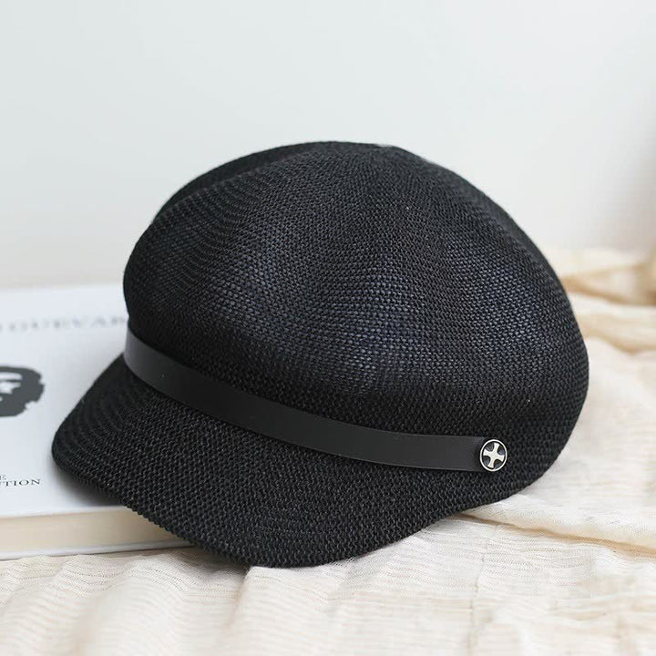 Cappello basco ottagonale in paglia con fascia in pelle nera elegante da donna - Nero - Regolabile (21 5/8"-23 1/4") - image 6