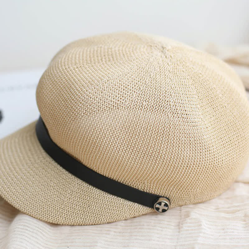 Cappello basco ottagonale in paglia con fascia in pelle nera elegante da donna - image 3