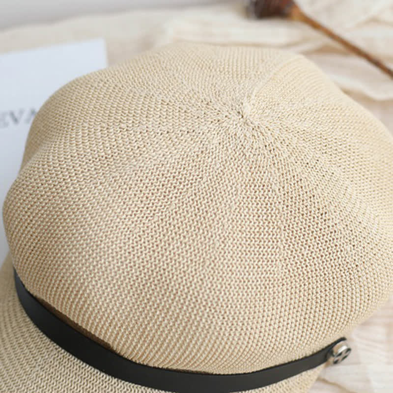Cappello basco ottagonale in paglia con fascia in pelle nera elegante da donna - image 4