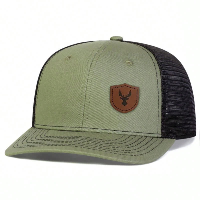 Cappello da camionista con etichetta in pelle marrone con piccolo corno di cervo - Verde militare - Regolabile (circa 22"-23 5/8") - image 5