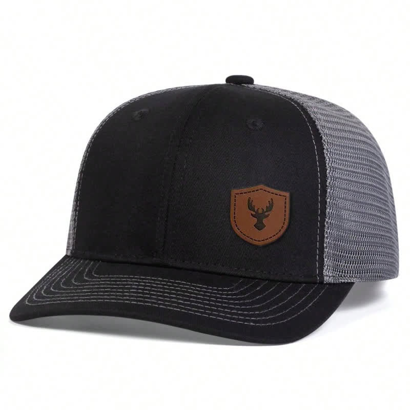 Cappello da camionista con etichetta in pelle marrone con piccolo corno di cervo - Nero e grigio - Regolabile (circa 22"-23 5/8") - image 3