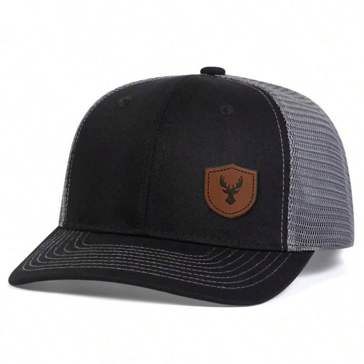 Cappello da camionista con etichetta in pelle marrone con piccolo corno di cervo - Nero e grigio - Regolabile (circa 22"-23 5/8") - image 3