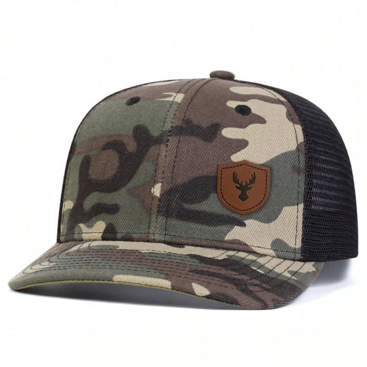 Cappello da camionista con etichetta in pelle marrone con piccolo corno di cervo - Colore mimetico - Regolabile (circa 22"-23 5/8") - image 6