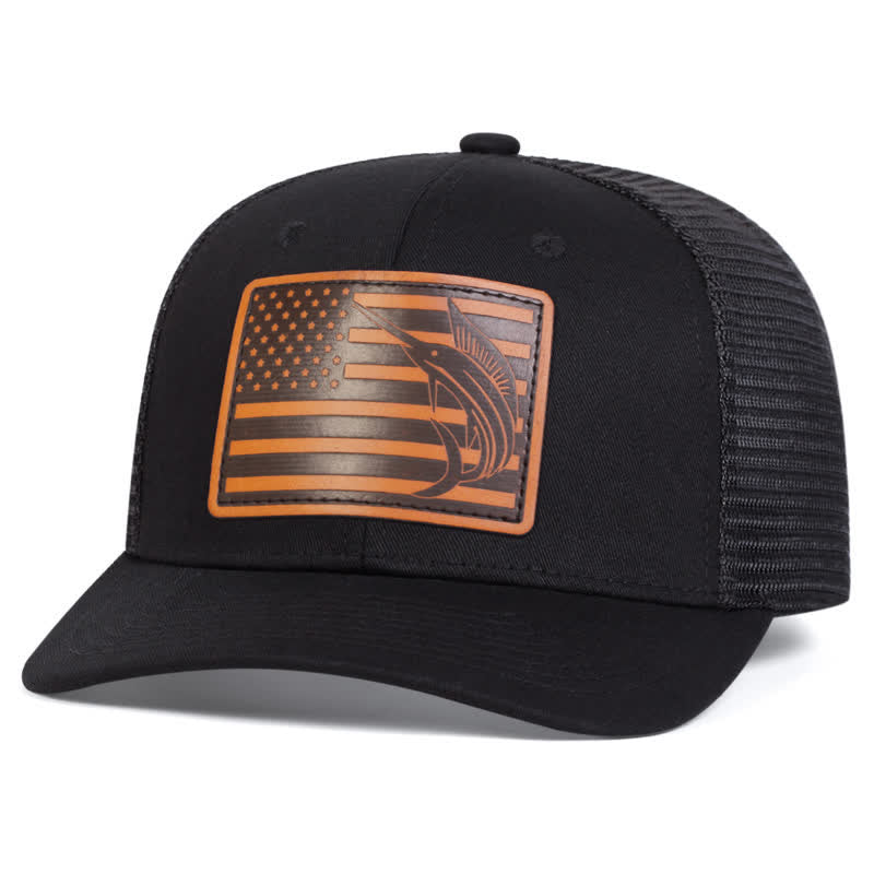 Cappello da camionista con etichetta in pelle di squalo e bandiera USA - Nero - Regolabile (circa 22"-23 5/8") - image 1
