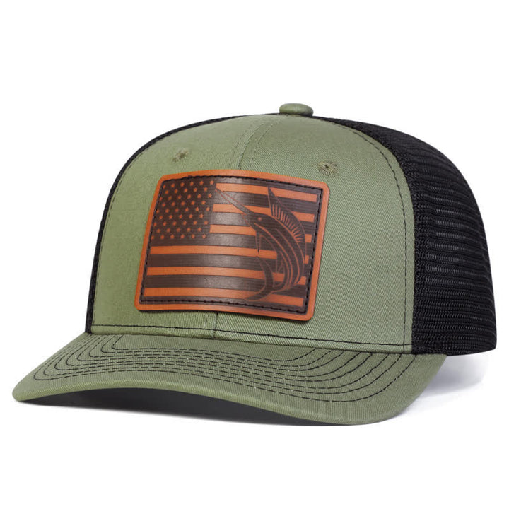 Cappello da camionista con etichetta in pelle di squalo e bandiera USA - Verde militare - Regolabile (circa 22"-23 5/8") - image 6