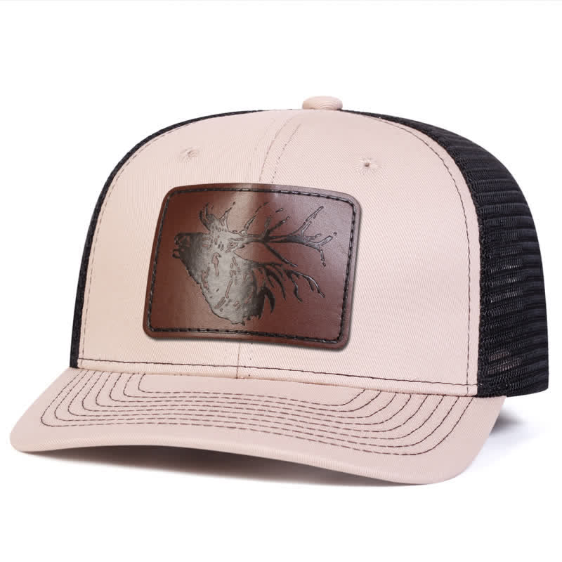 Cappello da camionista con etichetta in pelle con grande testa di cervo - Beige - Regolabile (circa 22"-23 5/8") - image 4