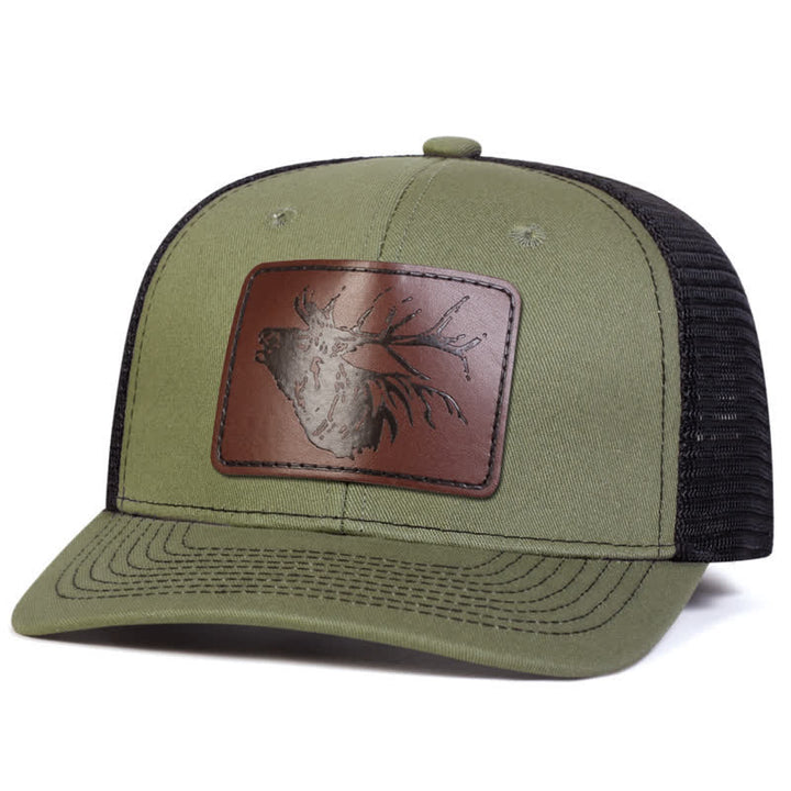 Cappello da camionista con etichetta in pelle con grande testa di cervo - Verde militare - Regolabile (circa 22"-23 5/8") - image 5