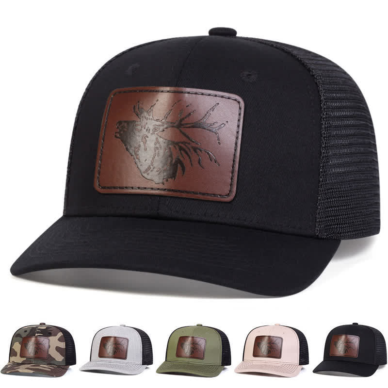 Cappello da camionista con etichetta in pelle con grande testa di cervo - image 0