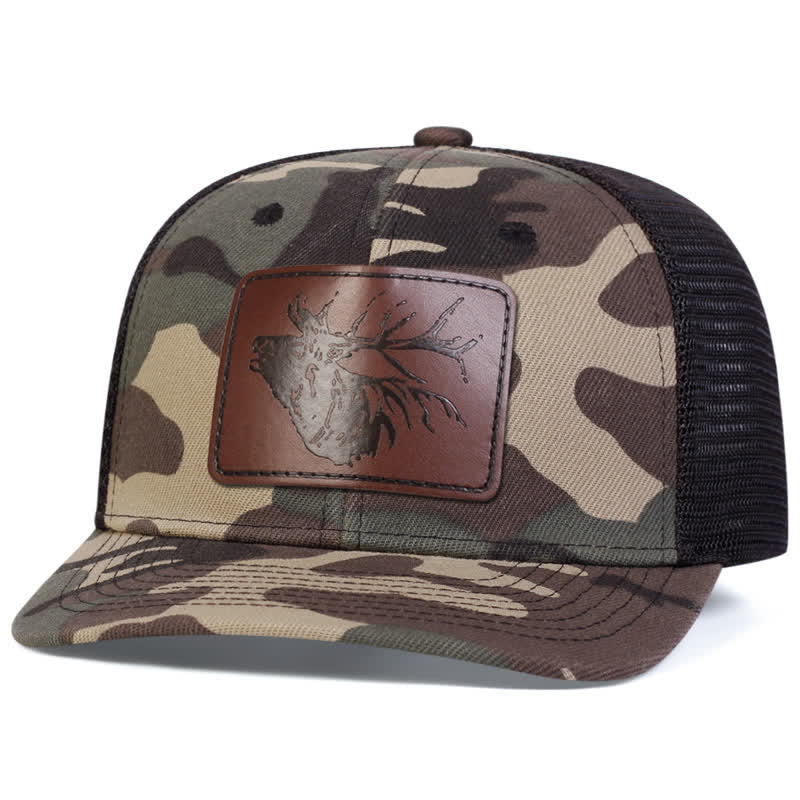Cappello da camionista con etichetta in pelle con grande testa di cervo - Colore mimetico - Regolabile (circa 22"-23 5/8") - image 7
