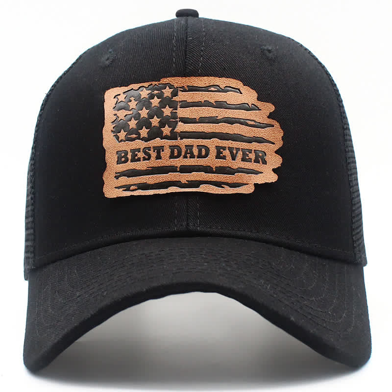Cappello da camionista con toppa in pelle e bandiera USA "Best Dad Ever" - Nero - Regolabile (circa 21 5/8"-24 1/2") - image 0