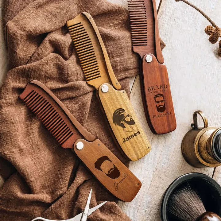 Pettine per barba e capelli pieghevole in legno con nome intagliato personalizzato - image 0