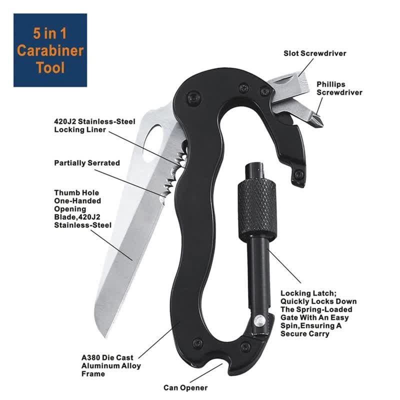 Coltello pieghevole multiuso 5 in 1 con moschettone e fibbia a forma di D - image 3