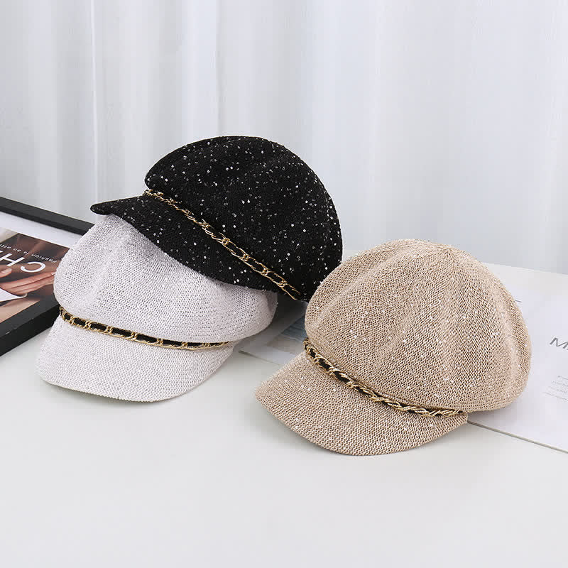 Cappello basco ottagonale in paglia con paillettes e catena d'oro da donna - image 2