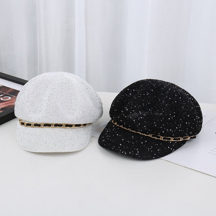 Cappello basco ottagonale in paglia con paillettes e catena d'oro da donna - image 3
