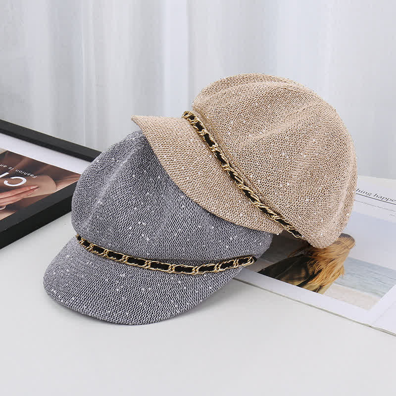 Cappello basco ottagonale in paglia con paillettes e catena d'oro da donna - image 1