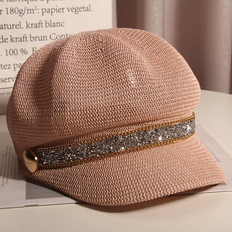 Cappello basco in paglia con catena in oro e strass argentati, elegante da donna - image 11