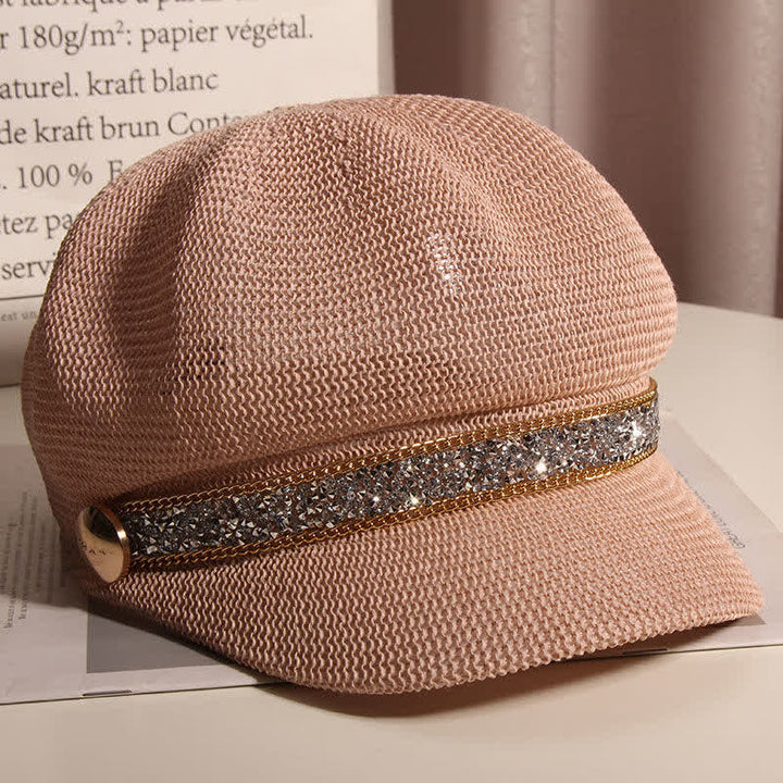 Cappello basco in paglia con catena in oro e strass argentati, elegante da donna - image 11