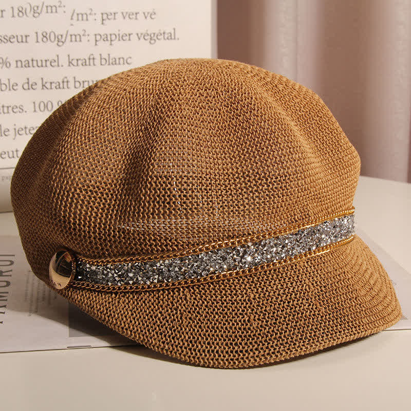 Cappello basco in paglia con catena in oro e strass argentati, elegante da donna - image 1