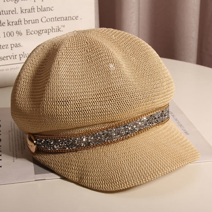Cappello basco in paglia con catena in oro e strass argentati, elegante da donna - image 7