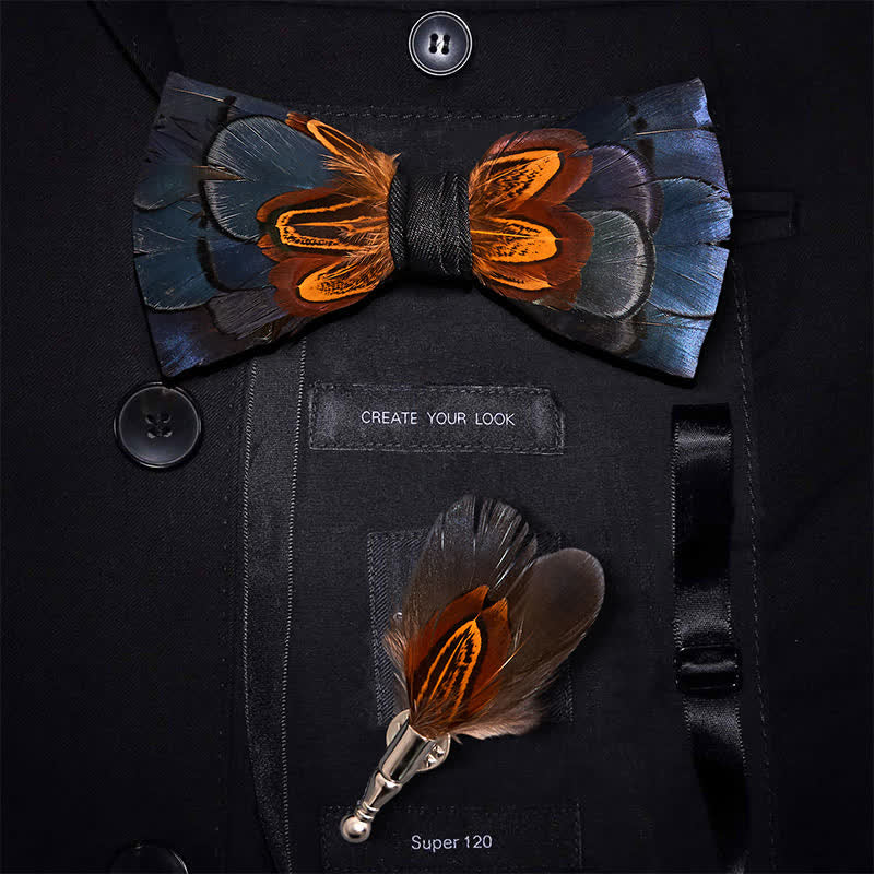 Papillon con piume blu navy e ruggine con spilla da bavero - Adulto - image 0