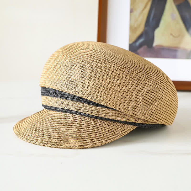Cappello da spiaggia in paglia con visiera intrecciata a righe, classico da donna - Cachi - Regolabile (21 5/8"-22 7/8") - image 0