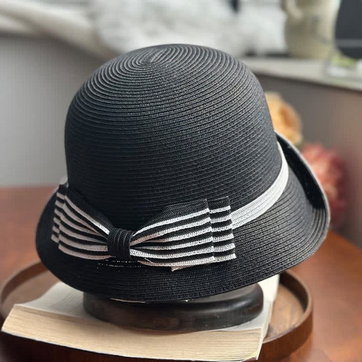 Cappello da spiaggia in paglia con fiocco a righe da donna - image 3