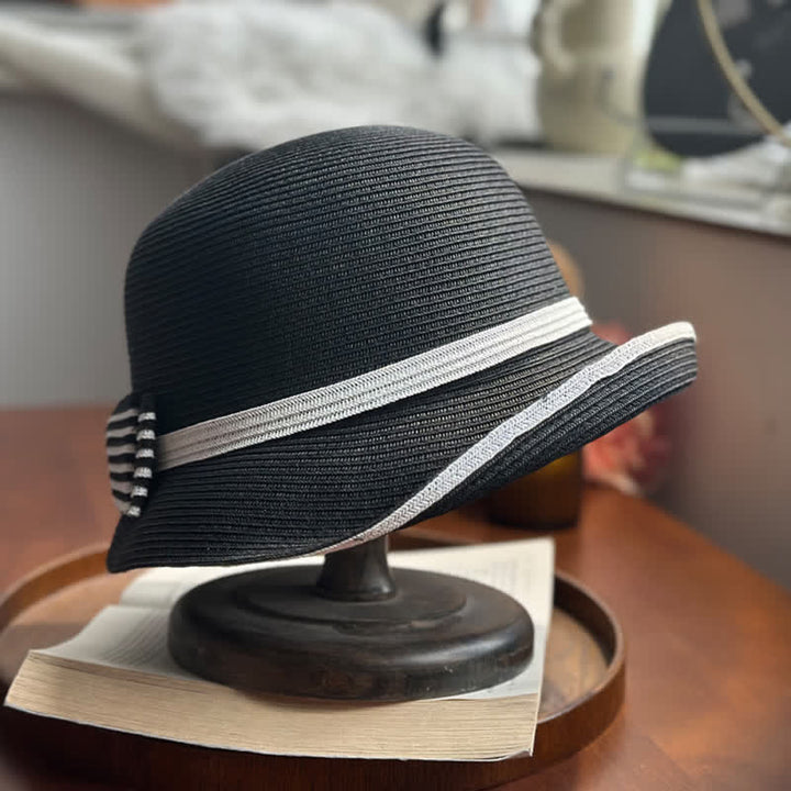 Cappello da spiaggia in paglia con fiocco a righe da donna - image 4