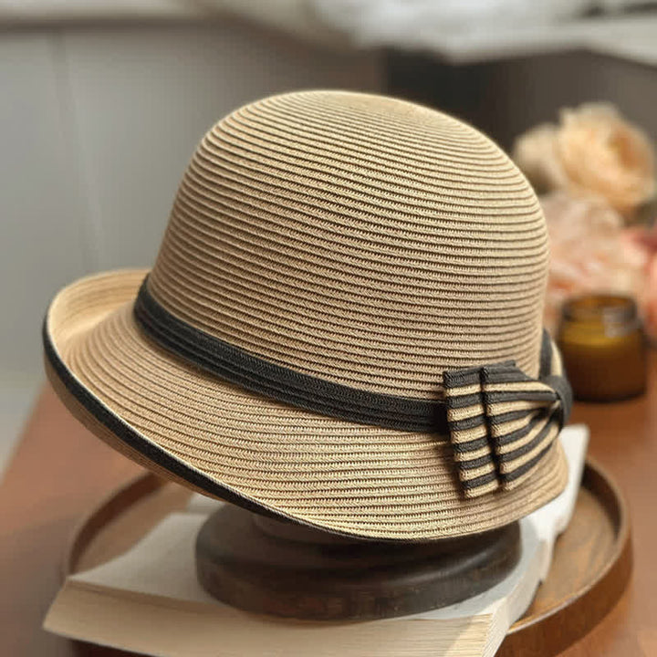 Cappello da spiaggia in paglia con fiocco a righe da donna - image 1