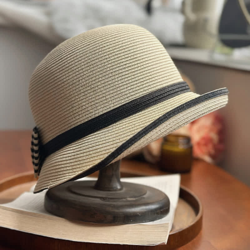 Cappello da spiaggia in paglia con fiocco a righe da donna - image 6