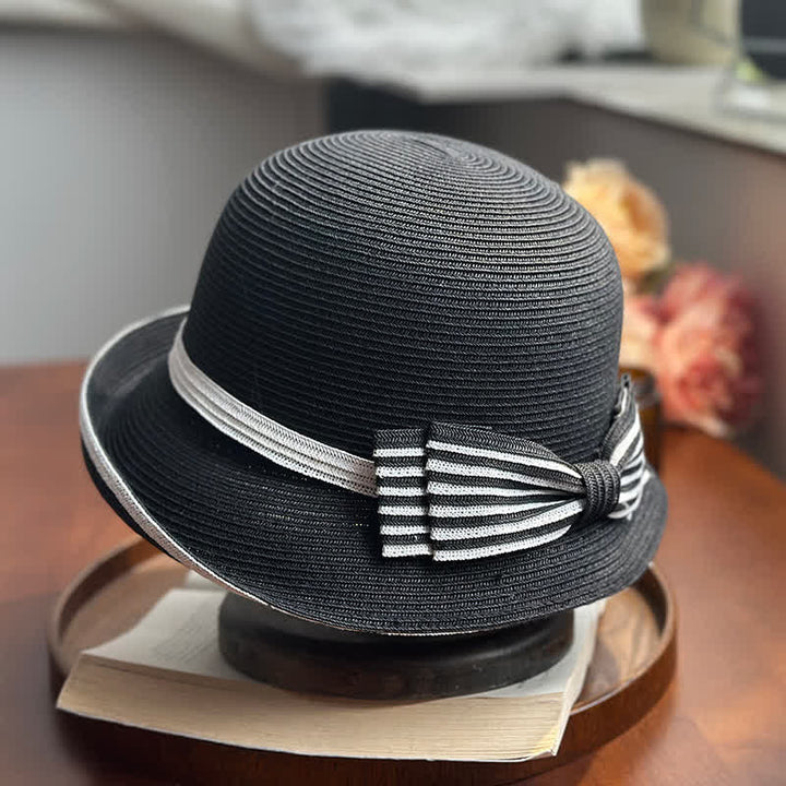 Cappello da spiaggia in paglia con fiocco a righe da donna - Nero - Regolabile (22"-22 7/8") - image 2