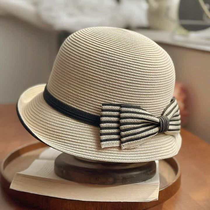 Cappello da spiaggia in paglia con fiocco a righe da donna - Beige - Regolabile (22"-22 7/8") - image 5
