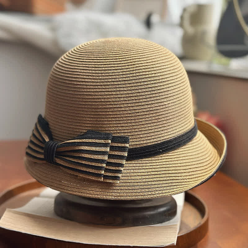 Cappello da spiaggia in paglia con fiocco a righe da donna - Cachi - Regolabile (22"-22 7/8") - image 0