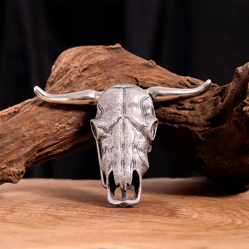 Cintura in pelle con fibbia argentata e coltello nascosto fai da te con testa di Longhorn unica - Senza cintura - Cintura non inclusa - image 0