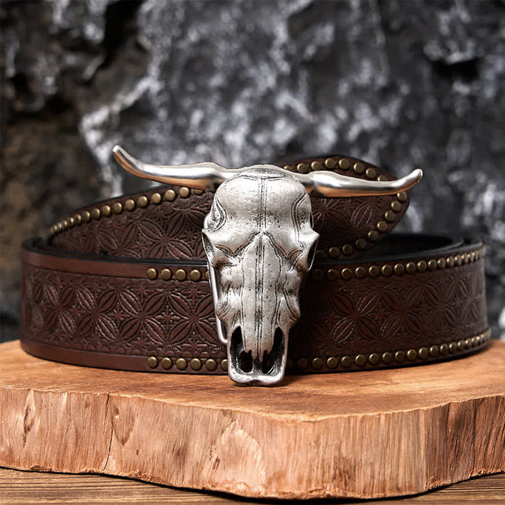 Cintura in pelle con fibbia argentata e coltello nascosto fai da te con testa di Longhorn unica - Cintura con rivetti marroni - 42 - image 11