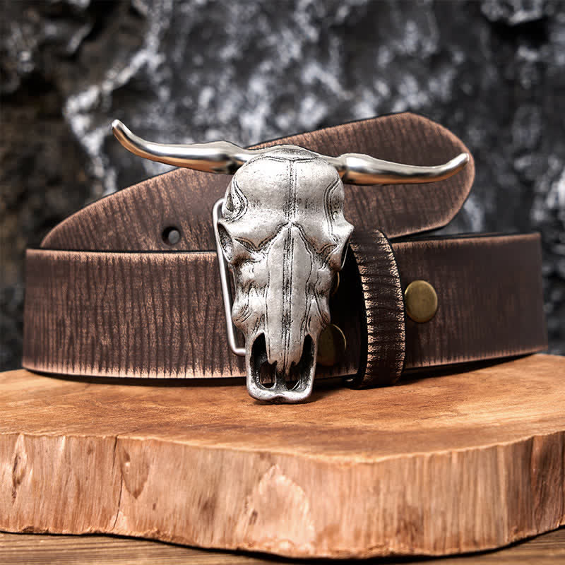 Cintura in pelle con fibbia argentata e coltello nascosto fai da te con testa di Longhorn unica - Cintura marrone anticata - 42 - image 12