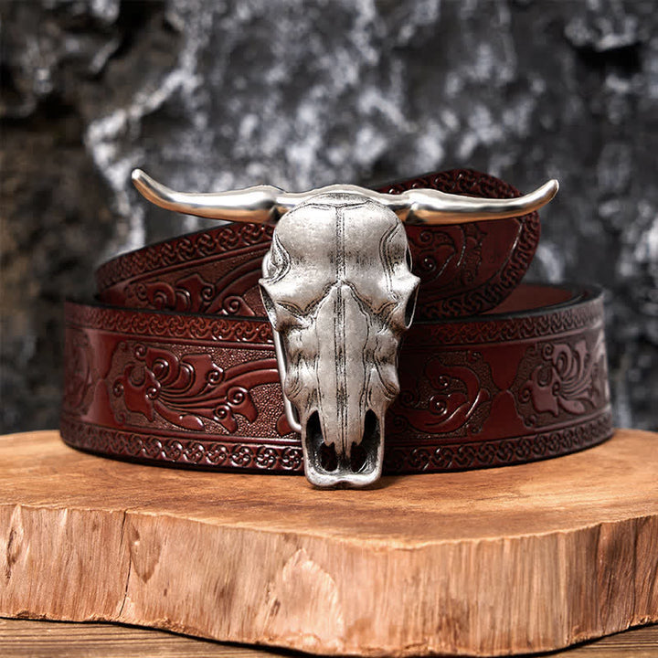 Cintura in pelle con fibbia argentata e coltello nascosto fai da te con testa di Longhorn unica - Cintura marrone intagliata - 42 - image 13