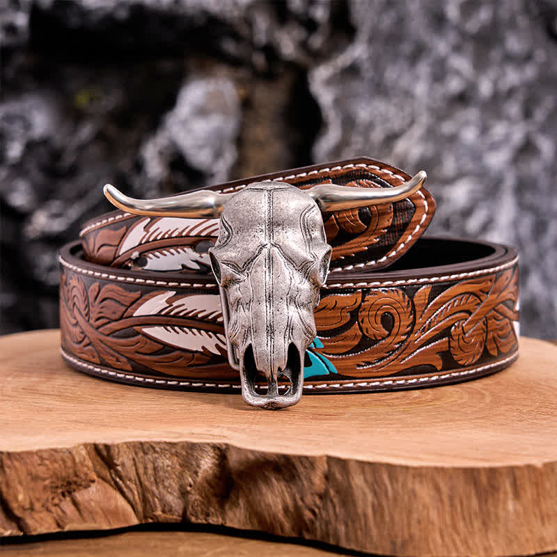 Cintura in pelle con fibbia argentata e coltello nascosto fai da te con testa di Longhorn unica - Cintura di piume marroni - 40 - image 14