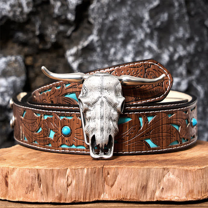 Cintura in pelle con fibbia argentata e coltello nascosto fai da te con testa di Longhorn unica - Cintura intagliata turchese - 42 - image 10