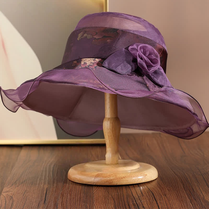Cappello da sole da donna con bordo in pizzo e decorazioni floreali in vera seta - Viola - Regolabile (20 7/8"-22 1/2") - image 0