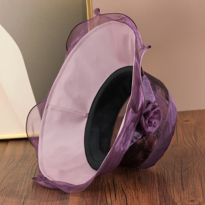 Cappello da sole da donna con bordo in pizzo e decorazioni floreali in vera seta - image 1