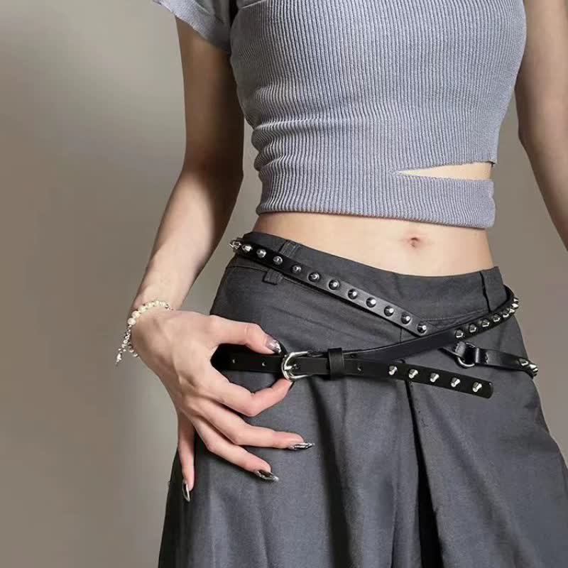 Cintura da donna in pelle nera extra lunga con rivetti punk casual a doppio strato - image 4