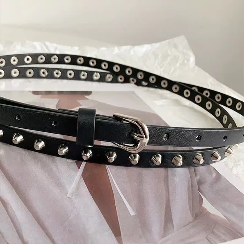 Cintura da donna in pelle nera extra lunga con rivetti punk casual a doppio strato - image 1