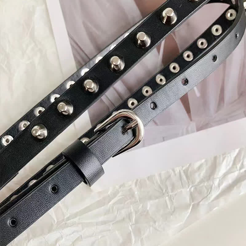 Cintura da donna in pelle nera extra lunga con rivetti punk casual a doppio strato - image 2